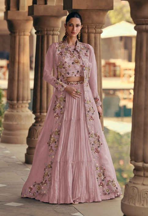 PINK COLOUR LEHENGA WITH FANCY KOTI FRONT AND BACK EMBROIDERED